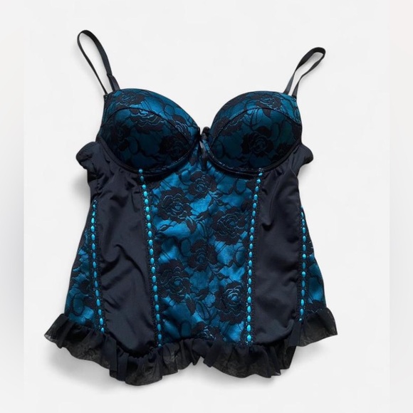 Blue & Black Push Up Corset Top with Lace & Ruffles - Picture 3 of 6